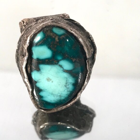 Huge Turquoise Gemstone Sterling Silver Handmade Size 8 Ring Hammered Chunky 925 - Picture 1 of 11